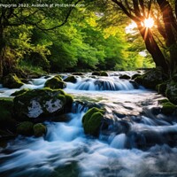 Buy canvas prints of Long exposure of small river with waterfall in idyllic forest. by Michael Piepgras