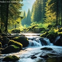 Buy canvas prints of Long exposure of small river with waterfall in idyllic forest. by Michael Piepgras