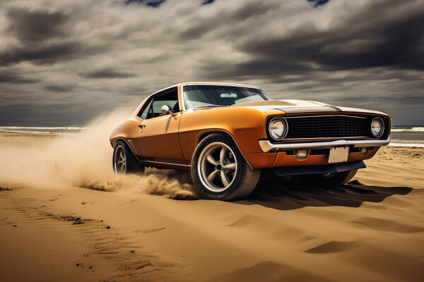 A powerful muscle car chums up sand at a beach. Picture Board by Michael Piepgras