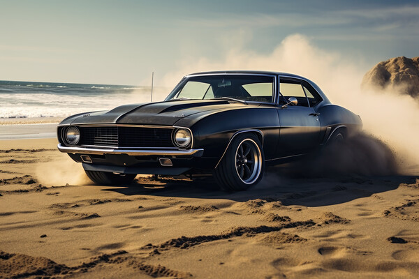 A powerful muscle car chums up sand at a beach. Picture Board by Michael Piepgras