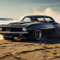 Buy canvas prints of A powerful muscle car chums up sand at a beach. by Michael Piepgras