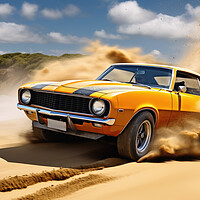 Buy canvas prints of A powerful muscle car chums up sand at a beach. by Michael Piepgras