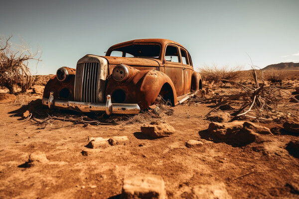 A vintage car rotting next to a sandy road. Picture Board by Michael Piepgras