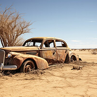 Buy canvas prints of A vintage car rotting next to a sandy road. by Michael Piepgras