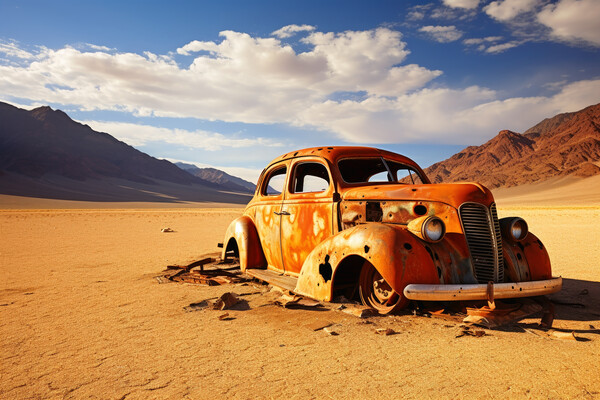 A vintage car rotting next to a sandy road. Picture Board by Michael Piepgras