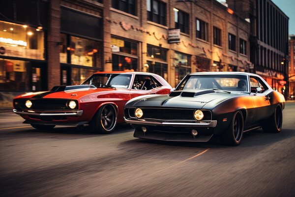 Two musclecars driving a race in a city. Picture Board by Michael Piepgras