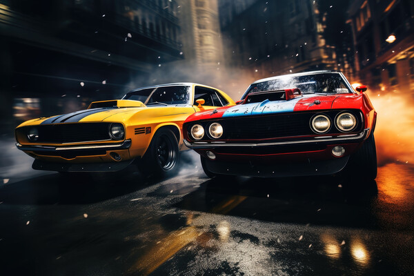 Two musclecars driving a race in a city. Picture Board by Michael Piepgras