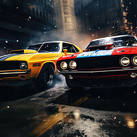 Buy canvas prints of Two musclecars driving a race in a city. by Michael Piepgras