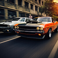 Buy canvas prints of Two musclecars driving a race in a city. by Michael Piepgras