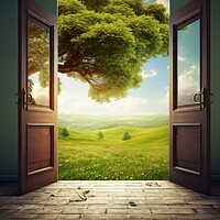 Buy canvas prints of An open door showing the path to a new land. by Michael Piepgras