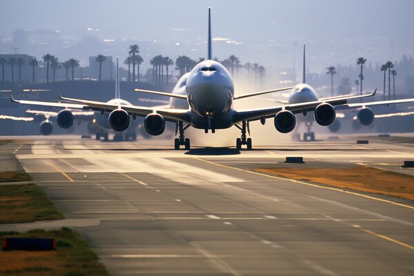 A busy airport runway with planes taking off and landing. Picture Board by Michael Piepgras