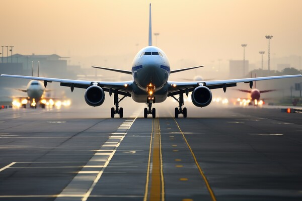 A busy airport runway with planes taking off and landing. Picture Board by Michael Piepgras