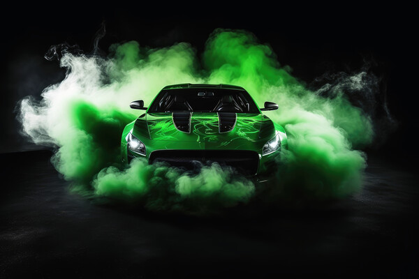 A drifting sports car on dark background with smoke. Picture Board by Michael Piepgras