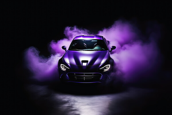 A drifting sports car on dark background with smoke. Picture Board by Michael Piepgras
