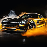 Buy canvas prints of A drifting sports car on dark background with smoke. by Michael Piepgras