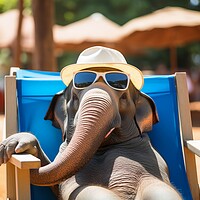 Buy canvas prints of Elephant chilling and having a good time wearing sunglasses. by Michael Piepgras