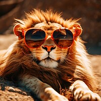 Buy canvas prints of Lion chilling and having a good time wearing sunglasses. by Michael Piepgras