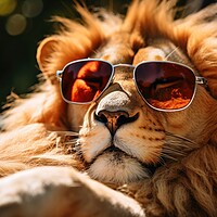 Buy canvas prints of Lion chilling and having a good time wearing sunglasses. by Michael Piepgras