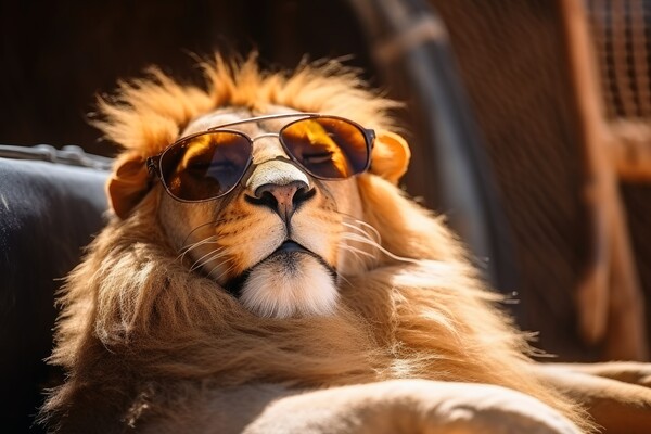 Lion chilling and having a good time wearing sunglasses. Picture Board by Michael Piepgras