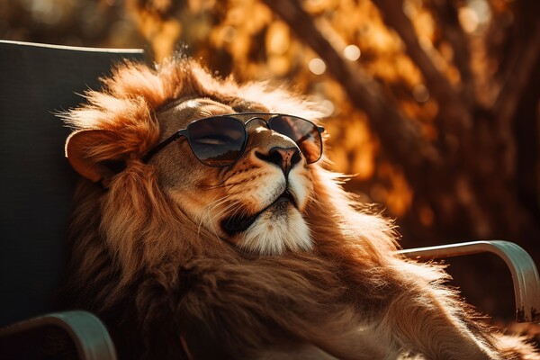 Lion chilling and having a good time wearing sunglasses. Picture Board by Michael Piepgras