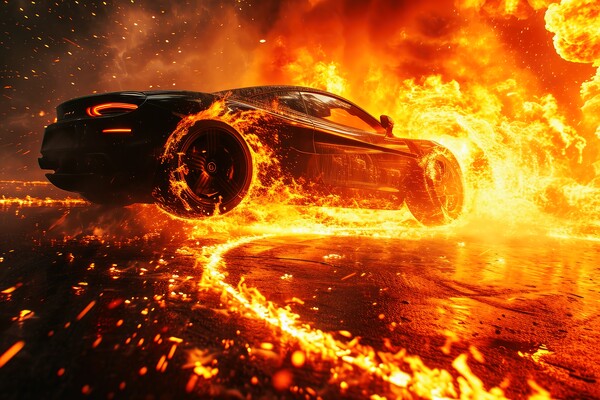 A fast car jumps and a ring of fire. Picture Board by Michael Piepgras