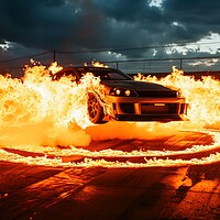 Buy canvas prints of A fast car jumps and a ring of fire. by Michael Piepgras