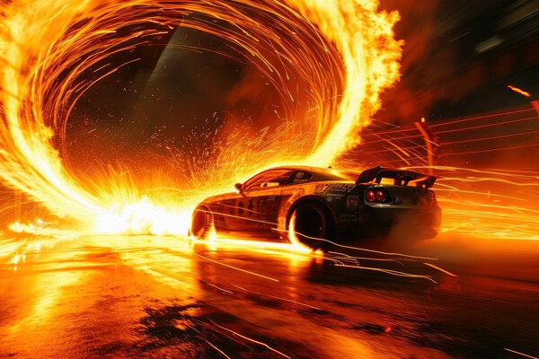 A fast car jumps and a ring of fire. Picture Board by Michael Piepgras