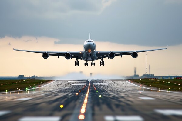 A big passenger jet landing at an airport with heavy wind. Picture Board by Michael Piepgras