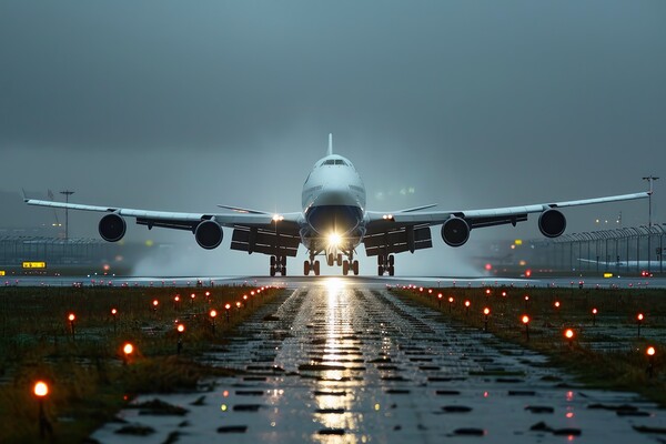 A big passenger jet landing at an airport with heavy wind. Picture Board by Michael Piepgras