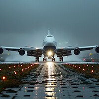 Buy canvas prints of A big passenger jet landing at an airport with heavy wind. by Michael Piepgras