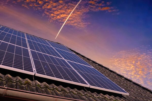Solar panels producing clean energy on a roof of a residential house during sunset. Picture Board by Michael Piepgras