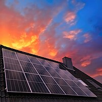 Buy canvas prints of Solar panels producing clean energy on a roof of a residential h by Michael Piepgras