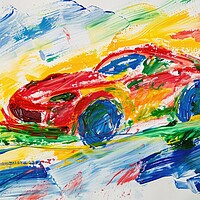 Buy canvas prints of A childs painting of a fast car. by Michael Piepgras
