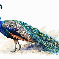 Buy canvas prints of Watercolor of a beautiful peacock on white. by Michael Piepgras