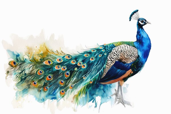 Watercolor of a beautiful peacock on white. Picture Board by Michael Piepgras