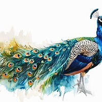 Buy canvas prints of Watercolor of a beautiful peacock on white. by Michael Piepgras