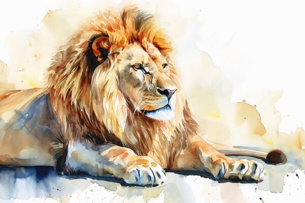 Watercolor of a big impressive lion on white. Picture Board by Michael Piepgras