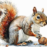 Buy canvas prints of Watercolor of a cut squirrel with a nut on white. by Michael Piepgras