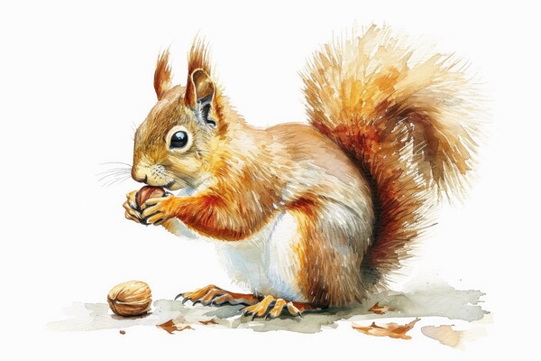 Watercolor of a cut squirrel with a nut on white. Picture Board by Michael Piepgras