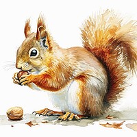 Buy canvas prints of Watercolor of a cut squirrel with a nut on white. by Michael Piepgras