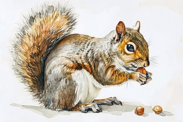 Watercolor of a cut squirrel with a nut on white. Picture Board by Michael Piepgras