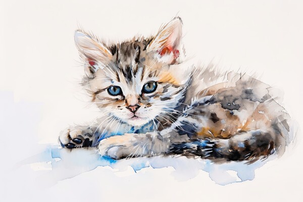 Watercolor of a cute cat on white. Picture Board by Michael Piepgras