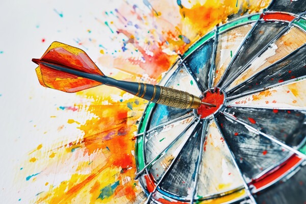 Watercolor of a dart hitting the target perfectly. Picture Board by Michael Piepgras