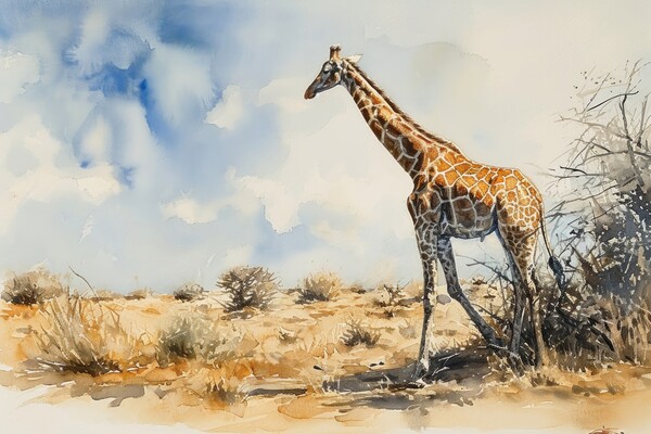 Watercolor of a Giraffe in the Savannah. Picture Board by Michael Piepgras