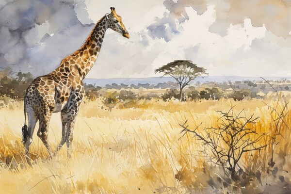 Watercolor of a Giraffe in the Savannah. Picture Board by Michael Piepgras