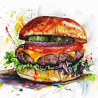 Buy canvas prints of Watercolor of a tasty burger on white. by Michael Piepgras