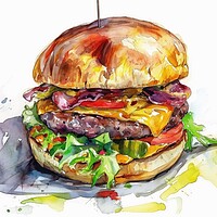 Buy canvas prints of Watercolor of a tasty burger on white. by Michael Piepgras
