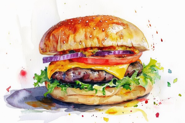 Watercolor of a tasty burger on white. Picture Board by Michael Piepgras