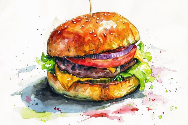 Watercolor of a tasty burger on white. Picture Board by Michael Piepgras