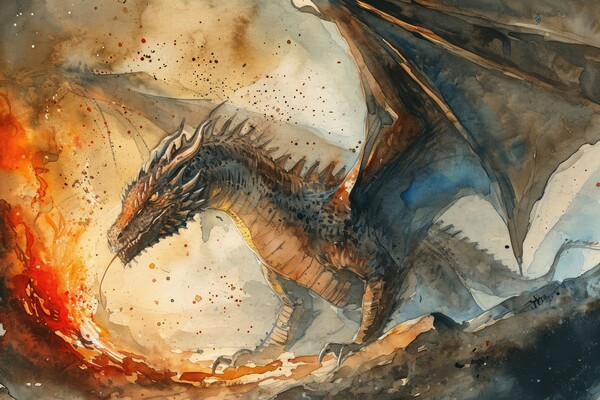 Watercolor of an impressive dragon spying fire. Picture Board by Michael Piepgras